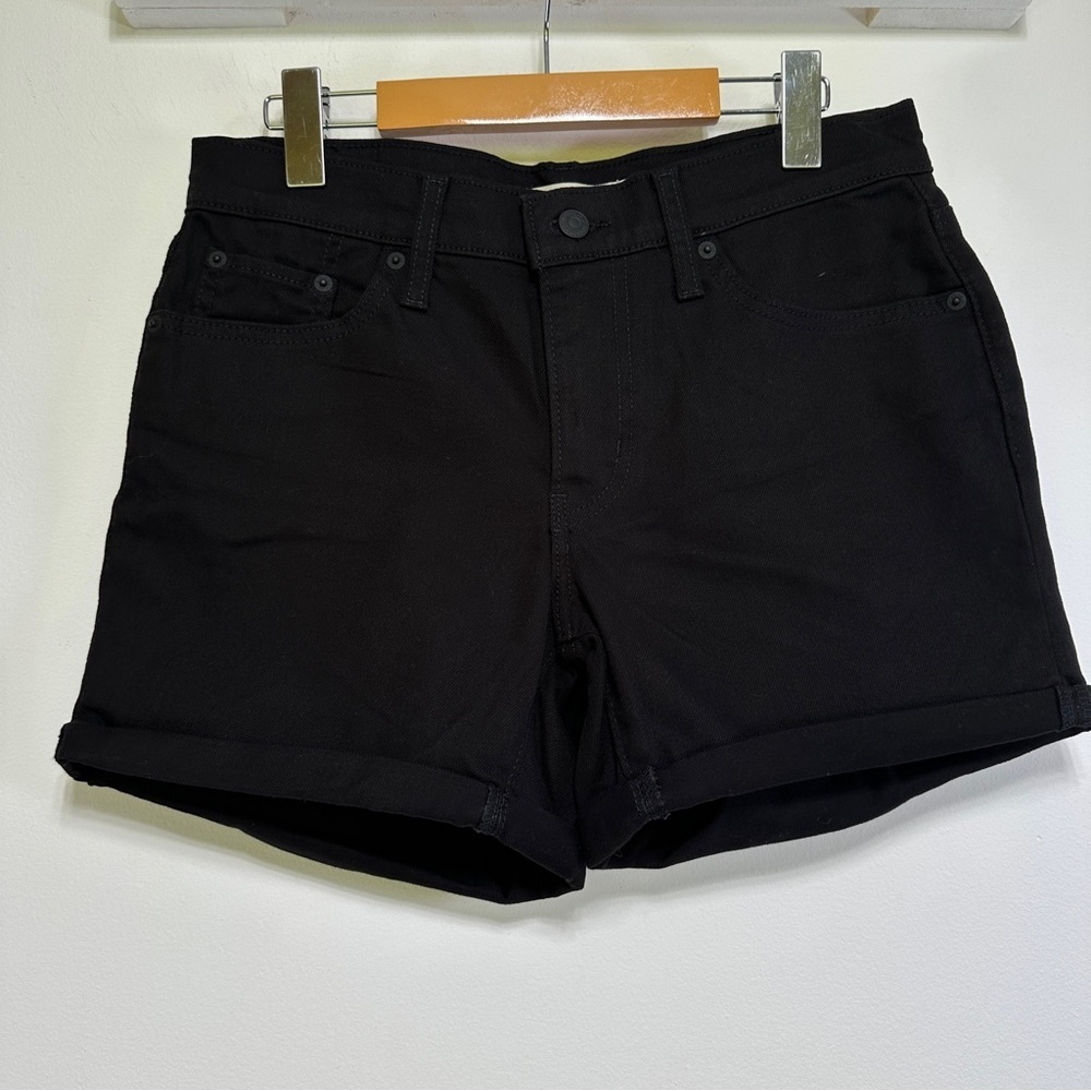 Levi’s Mid Length Black Denim Shorts Mid Rise Stretch Jean Shorts Size 29